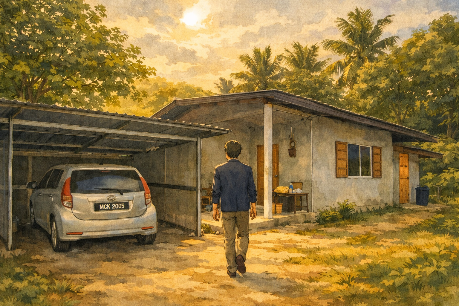 Wide scene — the same Borneo jungle path, but now only one figure walks it. Faris. Alone. Walking toward the house he built. Steady. The first truly warm light since Chapter 4.
